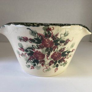 EAST TEXAS Pottery Marshall, TX Ruffled Bowl Sponge Print 7” Floral Hunter Green